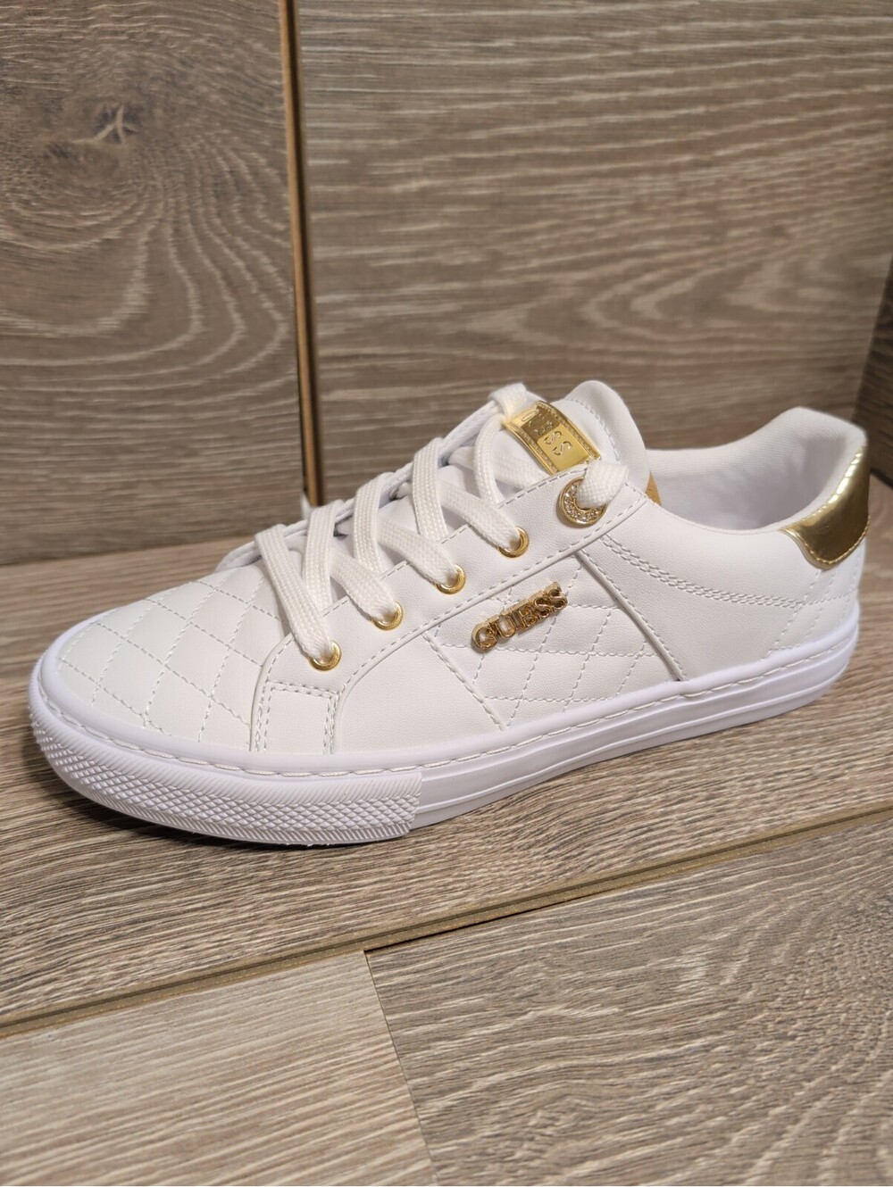 GUESS Loven White Quilted Sneakers with Gold Accents - Brand New in Box (NIB)